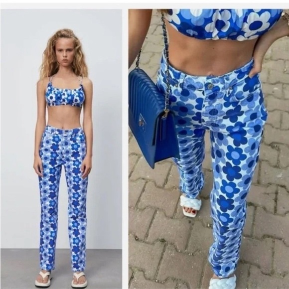 ZARA Blue Daisy Straight Leg Jeans Retro - Picture 3 of 11